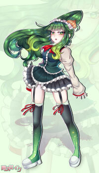 1girl absurdres acme_iku acme_iku_(neo) black_boots blunt_bangs boots breasts character_name drop_shadow floating_hair frilled_skirt frills full_body gradient_boots green_background green_boots green_eyes green_hair green_shirt green_skirt halftone halftone_background highres kurotrash logo long_hair long_sleeves looking_at_viewer maid maid_headdress maidloid medium_breasts non-web_source official_art onion outline ponytail red_ribbon ribbon shirt skirt solo standing thigh_boots utau very_long_hair white_outline zoom_layer