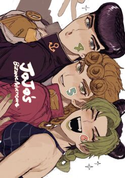 Rule 34 | 1girl, 2boys, black hair, blonde hair, blue eyes, closed eyes, commentary request, cone hair bun, copyright name, diamond wa kudakenai, fangs, gakuran, giorno giovanna, green eyes, green hair, hair bun, higashikata josuke, highres, jojo no kimyou na bouken, kuujou jolyne, multiple boys, neg 50asu, open mouth, pompadour, pursed lips, school uniform, sideways, stone ocean, vento aureo