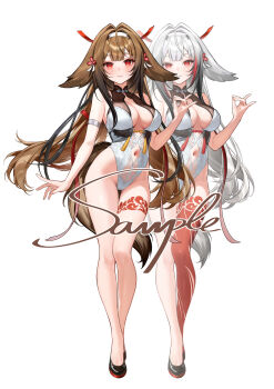 1girl absurdres adapted_costume animal_ears bare_shoulders body_markings breasts brown_hair commentary covered_navel fox_ears fox_girl fox_shadow_puppet fox_tail full_body hairband highres large_breasts legs leotard long_hair looking_at_viewer multiple_views red_eyes sample_watermark see-through_cleavage see-through_clothes simple_background smile smilesmile1312 tail thigh_gap thighs very_long_hair watermark white_background white_hair white_hairband white_leotard ye_shunguang zenless_zone_zero