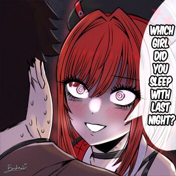 1boy 1girl absurdres backsine beret black_hat blush breasts commander_(nikke) crazy crazy_eyes crazy_smile false_smile goddess_of_victory:_nikke hat highres jacket jealous large_breasts long_hair military_jacket military_uniform official_alternate_design official_alternate_hair_color pouch rapi_(nikke) rapi_(red_hood)_(nikke) red_eyes red_hair shaded_face smile yandere