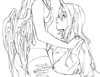 Rule 34 | 2girls, blush, commentary, elizabeth rose bloodflame, english commentary, feathered wings, greyscale, hand on another's shoulder, hand on another's thigh, hololive, hololive english, long hair, monochrome, multiple girls, nerissa ravencroft, panties, spaceyur1, underwear, virtual youtuber, wings, yuri