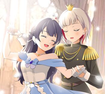 2girls absurdres aiguillette alternate_costume bare_shoulders bead_necklace beads black_jacket blue_dress blue_hair breasts cho_toutoi_love commentary crown dancing diagonal_bangs dollchestra dress epaulettes gloves half_updo highres jacket jewelry kujo_awenn link!_like!_love_live! long_sleeves love_live! mini_crown mole mole_on_neck multiple_girls murano_sayaka necklace off-shoulder_dress off_shoulder official_alternate_costume prince princess small_breasts teeth tiara upper_body upper_teeth_only virtual_youtuber white_gloves white_hair yugiri_tsuzuri yuri