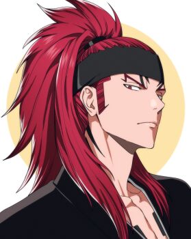 Rule 34 | 1boy, abarai renji, absurdres, black headband, black kimono, bleach, chest tattoo, closed mouth, collarbone, commentary, forehead tattoo, headband, high ponytail, highres, japanese clothes, kimono, korean commentary, long hair, looking at viewer, male focus, n (nauki 11), ponytail, portrait, red eyes, red hair, solo, tattoo, upper body