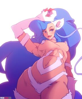 1girl blue_hair breasts capcom darkstalkers doxy felicia_(darkstalkers) female_focus highres licking_lips long_hair looking_at_viewer navel solo stomach tongue tongue_out very_long_hair