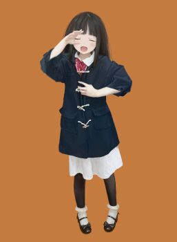 1girl black_hair bobby_socks closed_eyes coat dress facing_viewer full_body highres long_hair mary_janes open_mouth original pantyhose shoes smile socks solo wu_yu_bobosha