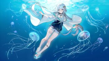 Rule 34 | 1girl, blue eyes, blue sandals, blue theme, blunt bangs, commission, full body, glasses, hair ornament, highres, jellyfish, jewelry, long hair, long sleeves, looking at viewer, necklace, nxmly, open mouth, original, sandals, short shorts, shorts, smile, underwater, white-framed eyewear, white hair, wide sleeves