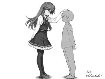 1boy 1girl arashio_(kancolle) arashio_kai_ni_(kancolle) artist_name dress dress_shirt eckert&amp;eich faceless faceless_male frilled_dress frills full_body greyscale hand_on_another&#039;s_head height_difference highres kantai_collection monochrome pantyhose pinafore_dress shirt sleeveless sleeveless_dress smile twitter_username