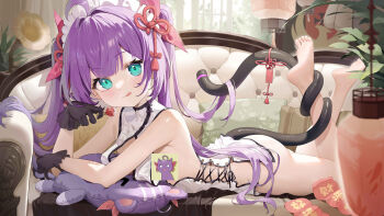 Rule 34 | 1girl, :q, absurdres, ahoge, aqua eyes, ass, bare arms, bare shoulders, barefoot, black gloves, blush, breasts, cat tail, censored, character censor, china dress, chinese clothes, chinese commentary, closed mouth, clothing cutout, commentary request, commission, couch, cross-laced clothes, demon tail, dress, feet, feet up, food, fruit, gloves, green eyes, hair ornament, hair ribbon, highres, holding, holding food, indoors, long hair, looking at viewer, lying, maid headdress, medium breasts, no panties, novelty censor, on couch, on stomach, original, purple hair, red ribbon, ribbon, second-party source, sleeveless, smile, soles, solo, tail, tail wrap, tassel, the pose, thighs, toes, tongue, tongue out, twintails, user 262542751, very long hair, white dress, wulala (vtuber)