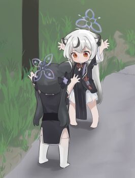 2girls animal_ears arms_up barefoot bbatne black_bow black_dress black_jacket blue_archive blush bow brown_eyes chibi child china_dress chinese_clothes chinese_knot commentary_request dress full_body grass hair_bow halo jacket kokona_(blue_archive) korean_commentary long_sleeves multiple_girls path pelvic_curtain photo-referenced road shun_(blue_archive) shun_(small)_(blue_archive) siblings sisters standing thighhighs twintails white_dress white_thighhighs