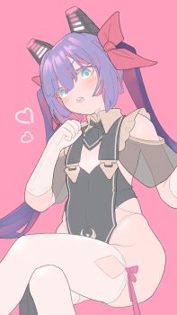 Rule 34 | 1girl, absurdres, bare shoulders, black dress, black necktie, blue eyes, blush, bow, breast curtains, clothing cutout, collar, commentary request, crossed legs, dress, elbow gloves, flat chest, gloves, hair between eyes, hair bow, hair ribbon, headgear, heart, highleg, highres, linkai nuofu, long hair, looking at viewer, multicolored hair, necktie, new year, open mouth, original, pelvic curtain, pink background, pink hair, purple hair, red hair, ribbon, simple background, sitting, solo, streaked hair, teeth, thighhighs, twintails, two-tone hair, upper teeth only, very long hair, virtual youtuber, white gloves, white thighhighs, wulala (vtuber)