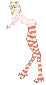 10tile 1girl absurdres ass bare_arms bent_over blonde_hair breasts commentary english_commentary full_body green_eyes highres ibarazaki_emi katawa_shoujo looking_at_viewer mechanical_legs nipples nude one-piece_swimsuit open_mouth prosthesis prosthetic_leg reverse-jointed_legs simple_background small_breasts solo standing striped_clothes striped_thighhighs swimsuit thighhighs twintails white_background