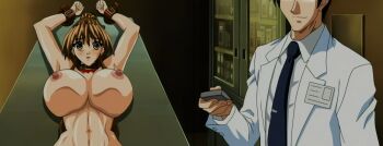 1boy 1girl breasts brown_hair captured coat curvy highres hostage huge_breasts kangoku_injoku_no_jikkentou labcoat looking_at_viewer miyagawa_yuki nipples nude remote stitched third-party_edit tie_clip yellow_eyes
