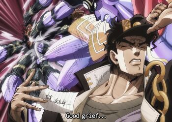 1other 2boys adjusting_hair black_hair black_hat blood chain closed_eyes earrings face_punch fingerless_gloves gloves hat highres in_the_face jacket jewelry jojo_no_kimyou_na_bouken kuujou_joutarou meme multiple_boys muscular muscular_male naoya_hitting_choso_without_looking_(meme) paper parody punching rapid_punches scene_reference school_uniform shrimpify131 single_earring smear_frame stand_(jojo) star_platinum steely_dan subtitled teeth