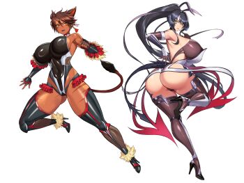 2girls absurdly_long_hair absurdres animal_ears ass au_ra black_hair black_horns black_tail boots breasts brown_boots brown_gloves brown_hair commission cosplay covered_erect_nipples curvy dark-skinned_female dark_skin elbow_gloves final_fantasy final_fantasy_xiv fingerless_gloves forward-facing_horns full_body gloves gurimjang high_heel_boots high_heels high_ponytail highleg highleg_leotard highres horns huge_ass huge_breasts impossible_clothes impossible_leotard leotard long_hair mature_female miqo'te mizuki_shiranui mizuki_shiranui_(cosplay) mizuki_yukikaze mizuki_yukikaze_(cosplay) multiple_girls orange_eyes ponytail short_hair sideboob simple_background taimanin_(series) taimanin_suit taimanin_yukikaze thigh_boots thong_leotard very_long_hair warrior_of_light_(ff14) white_background wide_hips