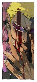 Rule 34 | 1boy, blonde hair, blood, blood on face, coat, donquixote doflamingo, earrings, hand on own chin, highres, jewelry, looking at viewer, male focus, nitoera ne, one piece, pink coat, portrait, purple-tinted eyewear, red eyes, short hair, smile, sunglasses, tinted eyewear
