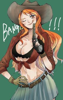 1girl ;q aji_of_aji55 belt belt_buckle black_bra black_gloves black_nails blush bra breasts brown_eyes brown_shirt buckle cleavage closed_mouth collarbone commentary_request cowboy_hat cowboy_shot cowboy_western crop_top fingerless_gloves gloves green_background green_gloves gun hand_on_own_hip hat highres holding holding_gun holding_weapon large_breasts long_hair looking_at_viewer midriff miniskirt nail_polish nami_(one_piece) official_alternate_costume one_eye_closed one_piece orange_hair pleated_skirt shirt sidelocks skirt smile solo tied_shirt tongue tongue_out underwear wavy_hair weapon