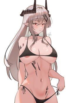 1girl absurdres areola_slip arknights arm_behind_back arm_strap artist_name bare_arms bare_shoulders bikini bikini_bottom_pull black_bikini black_choker black_horns blush breasts choker chromatic_aberration cleavage closed_mouth collarbone commentary covered_erect_nipples cowboy_shot deex demon_horns diamond_hair_ornament ear_piercing grey_hair groin hair_between_eyes hair_ornament highres horns infection_monitor_(arknights) large_breasts long_hair looking_at_viewer material_growth mudrock_(arknights) navel oripathy_lesion_(arknights) piercing pointy_ears pulling_own_clothes red_eyes side-tie_bikini_bottom sidelocks simple_background solo standing stomach string_bikini swimsuit very_long_hair white_background