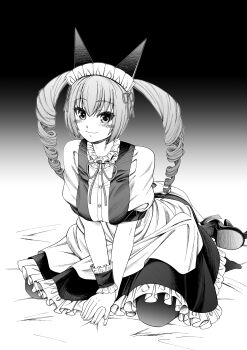 1girl absurdres akiha_rumiho animal_ears apron bed_sheet black_pantyhose blush bow braid breasts cat_ears dress drill_hair eibon frills full_body greyscale highres kn_ved kneeling long_hair looking_at_viewer maid maid_apron maid_headdress mayqueen_maid_uniform medium_breasts monochrome pantyhose puffy_sleeves ribbon science_adventure sitting smile solo steins;gate tail twin_braids twin_drills twintails v_arms wariza wrist_cuffs