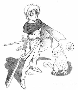 1990s_(style) 1other armor armored_boots arms_at_sides boots breastplate cape character_request clothing_request copyright_request creature detached_sleeves floating_clothes from_above full_body greyscale headband holding holding_sword holding_weapon invisible_floor legs_apart lineart looking_at_viewer lowres monochrome retro_artstyle shadow short_hair simple_background speech_bubble standing sword teiku_(take) weapon