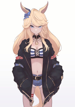 1girl animal_ears bandeau belt black_belt black_jacket blonde_hair blue_bow blue_eyes blush bow breasts chahiro chain cleavage cutoffs denim denim_shorts ear_bow gold_chain gold_city_(authentic/1928)_(umamusume) gold_city_(umamusume) hands_in_pockets highres horse_ears horse_girl horse_tail jacket long_hair long_sleeves looking_at_viewer midriff navel open_clothes open_jacket shorts simple_background solo strapless striped_bandeau tail tube_top umamusume white_background