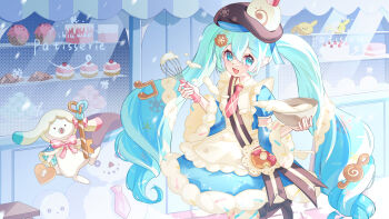 1girl absurdres apron aqua_eyes aqua_hair asymmetrical_legwear blue_bow blue_dress blue_eyes blue_hair blue_pantyhose blue_sleeves blush bow bowl bowtie brown_hat closed_mouth commentary_request cup cupcake dessert detached_sleeves donut double-parted_bangs dress dress_bow food food-themed_clothes food-themed_hat_ornament food_in_mouth foot_out_of_frame frilled_apron frills fur-trimmed_dress fur-trimmed_sleeves fur_trim hair_between_eyes hair_ornament hat hat_ornament hatsune_miku heart highres holding holding_bowl holding_whisk key long_hair long_sleeves looking_at_viewer mismatched_legwear necktie official_alternate_costume official_alternate_hairstyle outline pantyhose pink_necktie pink_pantyhose puffy_short_sleeves puffy_sleeves rabbit_yukine short_sleeves smile snowflake_print solo striped_clothes striped_pantyhose twintails two-tone_sleeves very_long_hair vocaloid wavy_hair whisk white_apron wide_sleeves yingzi_hu_yu_kong yuki_miku yuki_miku_(2026)