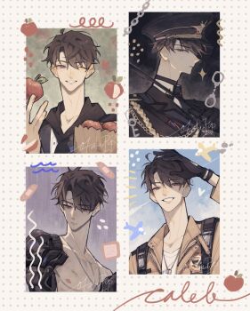 1boy apple artist_name bag black_gloves black_hat black_hoodie black_jacket brown_hair brown_jacket caleb_(love_and_deepspace) character_name cuffs dog_tags food fruit gloves hair_between_eyes hair_over_one_eye handcuffs hat highres holding holding_bag holding_baton_(weapon) holding_food holding_fruit hood hood_down hoodie jacket love_and_deepspace male_focus military_hat military_uniform multiple_views official_alternate_costume one_eye_closed open_clothes open_jacket otakupup parted_bangs parted_lips pectorals portrait purple_eyes shading_eyes shirt short_hair smile solo teeth upper_body white_shirt