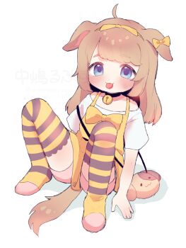 1girl :3 ahoge animal_ears arm_support bag bell bike_shorts blue_eyes blush bow brown_hair collar collarbone dog_ears dog_girl dog_tail dress hair_bow hairband halloween halloween_costume jingle_bell lace lace-trimmed_thighhighs lace_trim long_hair looking_at_viewer nakajima_lupus neck_bell orange_bow orange_dress orange_thighhighs original pink_bike_shorts shirt short_sleeves sitting sleeveless sleeveless_dress smile spread_legs striped_clothes striped_thighhighs tail thighhighs tongue tongue_out white_background white_shirt yellow_bow