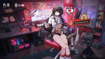 1girl black_choker black_jacket black_necktie black_shorts bookshelf breasts capybara cellphone chair chisa_(wuthering_waves) choker closed_mouth collarbone computer computer_keyboard cup disposable_cup ganguro gyaru hair_ribbon headphones highres holding holding_phone indoors jacket laptop logo looking_at_viewer medium_breasts microphone_stand monitor namipon_(wuthering_waves) necktie off_shoulder office_chair official_alternate_costume official_art_inset phone red_eyes red_ribbon redmagic ribbon shirt shorts sitting smartphone solo swivel_chair thighs unworn_headphones white_shirt wuthering_waves