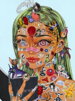 1girl absurdly_detailed_composition amidamaru anya&#039;s_heh_face_(meme) anya_(spy_x_family) audio_jack banana_fish bandaid bandaid_on_face bandaid_on_nose behelit berserk bleach blood buddha_(saint_onii-san) capsule_corp chainsaw_man character_request closed_mouth cogum3li commentary death_note death_note_(object) den_den_mushi devilman dragon_ball dragon_ball_(object) ear_piercing earrings ekubo_(mob_psycho_100) english_commentary eren_yeager eyeball fairy_tail fullmetal_alchemist green_hair happy_(fairy_tail) highres hollow_ichigo hunter_x_hunter injury inuyasha jesus_(saint_onii-san) jewelry jigokusei_remina kage_(ousama_ranking) kirara_(inuyasha) kiseijuu kurosaki_ichigo long_hair migi_(kiseijuu) mob_psycho_100 monster_(manga) mouth_hold multiple_rings nail_(hardware) naruto_(series) one_piece original ousama_ranking pen piercing pochita_(chainsaw_man) potclean psycho_jenny remina_(jigokusei_remina) rimuru_tempest_(slime) ring saint_onii-san saint_seiya shaman_king sharingan shingeki_no_kyojin slam_dunk_(series) solo spy_x_family sticker sticker_on_face symbol_in_eye tensei_shitara_slime_datta_ken the_monster_without_a_name upper_body what