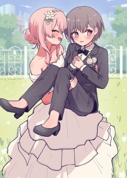 Rule 34 | 2girls, absurdres, bang dream!, bang dream! it's mygo!!!!!, black bow, black bowtie, black shoes, blush, bow, bowtie, brown eyes, carrying, chihaya anon, closed eyes, commentary, day, dress, dress shirt, fang, female focus, flower, grey hair, grey jacket, grey pants, grey shoes, highres, jacket, jin (jinkwon1147), long hair, multiple girls, off-shoulder dress, off shoulder, open mouth, outdoors, pants, pink hair, princess carry, rose, shirt, shoes, short hair, short sleeves, takamatsu tomori, tuxedo, wedding dress, white dress, white flower, white rose, white shirt, wife and wife, yuri