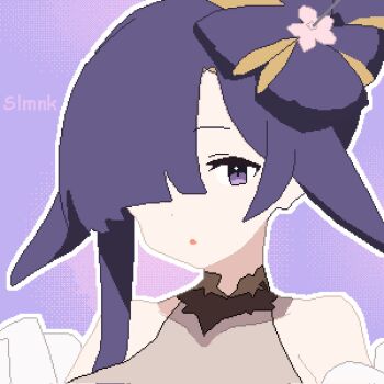 1girl :o animal_ears bare_shoulders blue_archive floppy_ears flower-shaped_hair hair_over_one_eye hashtag-only_commentary highres looking_at_viewer official_alternate_costume official_alternate_hairstyle open_mouth outline pixel_art portrait purple_background purple_eyes purple_hair rabbit_ears rabbit_girl short_hair_with_long_locks slmnk10124 solo tsukuyo_(blue_archive) tsukuyo_(dress)_(blue_archive) white_outline