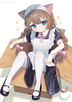 1girl absurdres animal_ears apron black_dress black_shoes blue_eyes bow box braid brown_hair cardboard_box cat_ears cat_girl cat_tail closed_mouth commentary dress fish_hair_ornament full_body hair_bow hair_ornament highres in_box in_container long_hair looking_at_viewer maid maid_apron maid_headdress mary_janes neck_ribbon original pantyhose pink_bow pink_ribbon puffy_short_sleeves puffy_sleeves ribbon shishiodoshi shoes short_sleeves sitting solo sparkle symbol-only_commentary tail twin_braids variant_set white_apron white_pantyhose wrist_cuffs