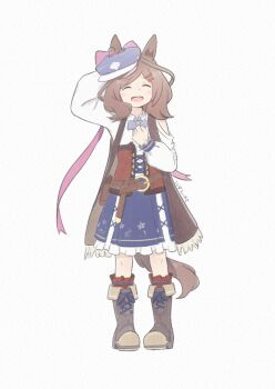1girl animal_ears belt_bag blue_hat blue_skirt blush boots bow brown_boots brown_hair center_frills closed_mouth clothing_cutout commentary_request corset ears_through_headwear facing_viewer frills full_body hair_ornament hairclip hat highres horse_ears horse_girl horse_tail koshiba_taiyaki matikanetannhauser_(panpaka_tiltott)_(umamusume) matikanetannhauser_(umamusume) medium_hair multicolored_hair newsboy_cap open_mouth parallel_hairclips red_corset red_socks shirt shoulder_cutout simple_background skirt smile socks solo streaked_hair tail tilted_headwear umamusume white_background white_shirt white_skirt