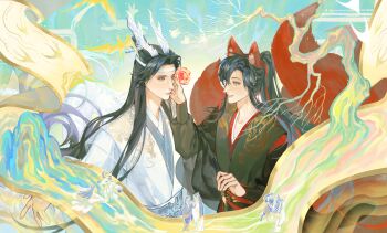 2boys absurdres animal_ear_fluff animal_ears bird bishounen black_hair black_hanfu blue_sash branch chinese_clothes closed_mouth couple diaomaoxiaoheidaoliangquanban dragon_boy dragon_horns dragon_tail eastern_dragon_horns eastern_dragon_tail eye_contact floating floating_object flower fox_boy fox_ears fox_tail hair_flower hair_ornament hair_ribbon hand_on_another's_cheek hand_on_another's_face hand_up hanfu headband high_ponytail highres holding holding_flower horns kemonomimi_mode kitsune kyuubi lan_wangji long_hair long_sleeves looking_at_another male_focus modao_zushi mountain multiple_boys multiple_tails parted_lips ponytail red_eyes red_flower red_ribbon red_sash ribbon robe sash scroll sidelocks smile smoke tail topknot tree upper_body wei_wuxian white_hanfu white_headband wide_sleeves xiao_guan_(headdress) yaoi yellow_eyes