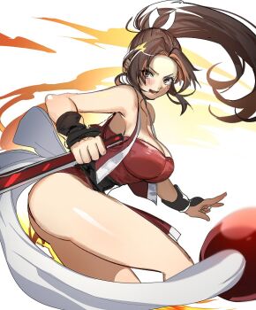 Rule 34 | 1girl, arm guards, ass, bare shoulders, black sash, breasts, brown eyes, brown hair, cleavage, commentary, cropped vest, curtained hair, dress, dynamic pose, fatal fury, fatal fury 3, floating hair, folded fan, folding fan, hand fan, high ponytail, hip attack, holding, holding fan, impossible clothes, impossible dress, large breasts, long hair, looking back, motoyui, narita imomushi, ninja, official alternate costume, open clothes, open mouth, open vest, pelvic curtain, ponytail, red dress, red vest, sash, shiny skin, shiranui mai, skin tight, smile, solo, thighs, vest, white background