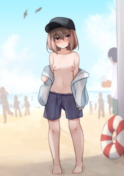 1boy 1girl 6+others absurdres barefoot baseball_cap beach black_hat blue_male_swimwear blue_sky blush breasts breasts_apart brown_hair closed_mouth cloud collarbone commentary_request day double-parted_bangs embarrassed exhibitionism full_body hair_between_eyes hat highres jacket jacket_partially_removed lifebuoy linea_alba long_bangs looking_at_viewer male_swimwear male_swimwear_challenge medium_hair multicolored_jacket multiple_others navel nipples ocean open_clothes open_jacket original outdoors people pink_eyes public_indecency raraserara sand shade shadow silhouette simple_bird sky small_breasts standing stomach sunlight swim_ring topless_female wavy_mouth