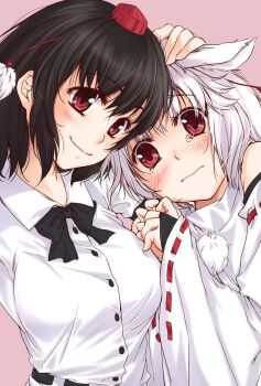 2girls 3: absurdres animal_ears bare_shoulders black_hair bow bowtie breasts bridal_gauntlets detached_sleeves dress_shirt hand_on_another&#039;s_head hat head_on_another&#039;s_shoulder headpat highres inubashiri_momiji kanda_aya large_breasts looking_at_viewer multiple_girls red_eyes shameimaru_aya shirt short_hair smile tears textless_version touhou upper_body white_hair wolf_ears
