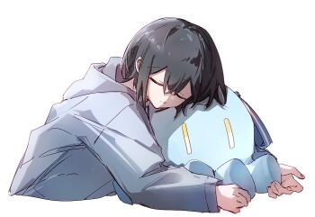 1girl bang_dream! bang_dream!_it&#039;s_mygo!!!!! closed_eyes grey_hair grey_hoodie hair_between_eyes hibioes hood hood_down hoodie hugging_object long_sleeves parted_lips simple_background solo stuffed_animal stuffed_octopus stuffed_toy takamatsu_tomori togawa_sakiko white_background