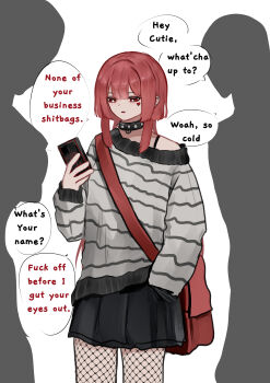 1girl 2others absurdres bag black_skirt bright_pupils cellphone collar commentary english_commentary english_text fishnet_pantyhose fishnets hair_between_eyes heart highres holding hood hoodie long_hair long_sleeves multiple_others off_shoulder open_mouth original oversized_clothes pantyhose phone puffumine_(wawamachi) puffy_sleeves red_eyes red_hair shoulder_bag simple_background skirt smartphone speech_bubble spiked_collar spikes wawamachi white_pupils