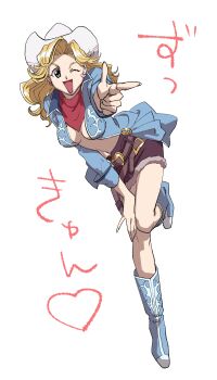 Rule 34 | 1girl, boots, breasts, cowboy bebop, cowboy hat, female focus, finger gun, green eyes, hat, highres, judy (cowboy bebop), one eye closed, open mouth