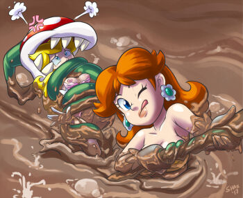 1other 2girls betrayal blonde_hair blue_eyes bra breasts earrings jewelry large_breasts mario_(series) medium_breasts mud multiple_girls nintendo nipples nude one_eye_closed orange_hair pink_bra piranha_plant plant princess_daisy princess_peach scared shaxbert super_mario_bros._1 super_mario_land tagme tongue tongue_out underwear vines vore yellow_bra