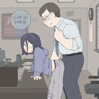 1boy 1other angel_martinez book bulge chair classroom clinical_trial_(game) clock denim english_text erection erection_under_clothes exit_sign formal_clothes from_side hand_on_another&#039;s_stomach height_difference highres homunculus100 hood hoodie indoors jeans lee_smith looking_at_another looking_down naughty_face necktie open_mouth pants rubbing seductive_smile smile speech_bubble sweat sweatdrop teacher_and_student teasing thinking torn_clothes torn_jeans torn_pants whiteboard