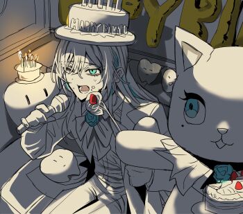 Rule 34 | 1girl, ado (utaite), adorozatorumary, birthday cake, blue eyes, cake, chando (ado), commentary, feeding, food, gunjyou (gunjyou 00), ha-chan (ado), hair between eyes, happy birthday, hat, highres, holding, holding microphone, microphone, mole, mole under eye, one eye closed, open mouth, partially colored, sanrio, sweat, symbol-only commentary