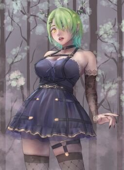 Rule 34 | 1girl, absurdres, antlers, asymmetrical bangs, bare shoulders, black bow, black choker, black dress, black nails, black sleeves, black thighhighs, bow, breasts, ceres fauna, ceres fauna (goth), chest harness, choker, cleavage, collarbone, commentary, crinoline, detached sleeves, dress, earrings, english commentary, fishnet thighhighs, fishnets, floral print, flower, forest, goth fashion, gradient hair, green hair, hair bow, hair flower, hair ornament, hair over one eye, harness, heart, heart choker, heart o-ring, highres, hololive, hololive english, horns, jewelry, lace, lace sleeves, large breasts, legwear garter, long bangs, looking at viewer, mole, mole under eye, multicolored hair, nature, o-ring, o-ring choker, o-ring thigh strap, official alternate costume, official alternate hair length, official alternate hairstyle, open mouth, outdoors, rair, see-through clothes, see-through dress layer, see-through thighhighs, short dress, short hair, single legwear garter, sleeveless, sleeveless dress, solo, strapless, strapless dress, teeth, thigh strap, thighhighs, tree, twitter username, upper teeth only, virtual youtuber, white flower, winter, yellow eyes