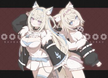 2girls :3 absurdres animal_ear_fluff animal_ears argyle_background back-to-back belt black_jacket blonde_hair blue_belt blue_eyes blue_hair breasts cleavage commentary cowboy_shot dog_ears dog_tail dress english_commentary fur-trimmed_jacket fur_trim fuwawa_abyssgard fuwawa_abyssgard_(1st_costume) hairband head_tilt highres hololive hololive_english jacket large_breasts letterboxed long_hair mamiro mococo_abyssgard mococo_abyssgard_(1st_costume) multicolored_hair multiple_girls pink_eyes red_background shirt short_hair smile streaked_hair tail virtual_youtuber white_dress white_shirt