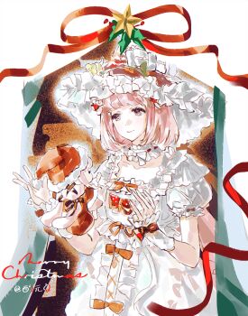 2girls absurdly_long_hair artist_name barefoot black_background black_bow blunt_bangs bow bow_choker bowtie bright_pupils brown_eyes center_frills chibi choker christmas cloak closed_mouth collarbone cross-laced_clothes cross-laced_dress dot_nose dress dress_bow dual_persona eyelashes flower food-themed_hair_ornament frilled_arm_warmers frilled_bow frilled_choker frilled_dress frilled_headwear frilled_sleeves frills fur-trimmed_cloak fur-trimmed_headwear fur_trim hair_bow hair_ornament happy hat hat_bow hat_flower hat_ornament highres holly_hat_ornament infinity_nikki jintianshigehaotianqine leaf long_hair long_sidelocks looking_at_another low_twintails medium_hair merry_christmas mini_person minigirl multiple_girls nikki_(nikki) nikki_(series) orange_bow outline pink_hair pink_skirt polka_dot polka_dot_bow pom_pom_(clothes) puffy_short_sleeves puffy_sleeves red_bow red_cloak red_hat red_ribbon ribbon ribbon-trimmed_choker ribbon-trimmed_dress ribbon_trim santa_costume santa_hat scarf short_sleeves sidelocks skirt sleeve_bow smile square_neckline star_(symbol) star_hair_ornament star_hat_ornament strawberry_hair_ornament sweet_waltz_(infinity_nikki) tareme twintails two-tone_background very_long_hair white_arm_warmers white_background white_bow white_bowtie white_choker white_dress white_outline white_pupils white_scarf witch_hat wrist_bow yellow_flower