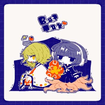 2girls aru_choumiryou blue_border blue_eyes blue_hair blue_sailor_collar blue_serafuku blunt_bangs border chibi closed_mouth expressionless extra_arms flipped_hair flower food fruit green_hair headphones jaggy_lines jitome long_sleeves looking_at_viewer looking_to_the_side mandarin_orange medium_hair mouth_hold multiple_girls neckerchief necktie nene_nene nizimine_kakoi outline planet pleated_skirt profile radio_antenna red_flower red_necktie sailor_collar school_uniform serafuku short_hair simple_background skirt tentacle_legs tube utau white_neckerchief white_outline white_poncho yellow_eyes zipper