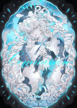 1girl absurdres animal anyloool blue_eyes braid chromatic_aberration closed_mouth commission cross cross_hair_ornament crossed_bangs eyelashes hair_ornament highres lips long_hair long_sleeves mihuashi_commission original pale_skin sidelocks snake snake_hair_ornament solo two-sided_fabric two-sided_veil upper_body veil watermark white_hair wide_sleeves