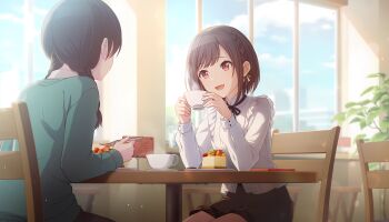 2girls :d absurdres black_hair black_shorts blue_sky blueberry blurry bokeh braid brown_eyes brown_hair chair cheesecake cloud colorful_palette cup depth_of_field food fork frilled_shirt frills fruit game_cg hair_ribbon highres holding holding_cup holding_fork low_twin_braids minasoko_ni_kage_wo_sagashite_(project_sekai) multiple_girls official_art open_mouth plant potted_plant project_sekai ribbon shinonome_ena shirt shorts sitting sky smile steam strawberry table third-party_source tongue twin_braids white_shirt window