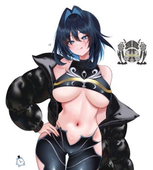 Rule 34 | 1girl, :q, bare shoulders, black jacket, black nails, blue eyes, blue hair, breasts, crop top, final fantasy, final fantasy xiv, hair intakes, hand on own hip, hashtag-only commentary, highres, hololive, hololive english, jacket, large breasts, leon decarabia, looking at viewer, monster hunter (series), monster hunter wilds, navel, off shoulder, omega (final fantasy), open clothes, open jacket, ouro kronii, pants, short hair, solo, star-shaped pupils, star (symbol), symbol-shaped pupils, tongue, tongue out, underboob, virtual youtuber, white background